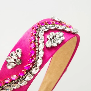 Baroque rose pink satin headband with sparkling crystal floral rhinestones and wave pattern