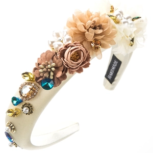 Baroque wide headband with floral fabric flowers and colorful rhinestones on white background