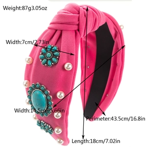 Bohemian knotted headband in rose pink with turquoise stones and white pearls dimensions