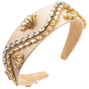 Detailed macro view of champagne baroque headband with sparkling marquise rhinestones