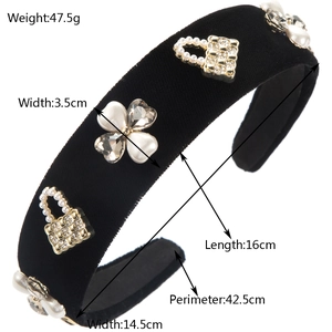 Detailed view of black velvet headband with pearl rhinestones and dimension specs