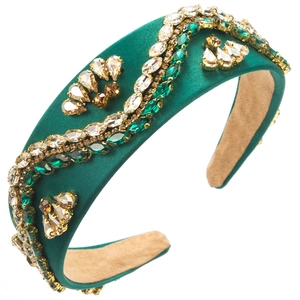 Deep green velvet padded headband with crystal rhinestones and baroque bead embroidery