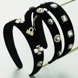 Baroque French Style Black Velvet Headband With Artificial Pearl Rhinestones Elegant Bag Pendant Hair Band For Women Fashion Jewelry