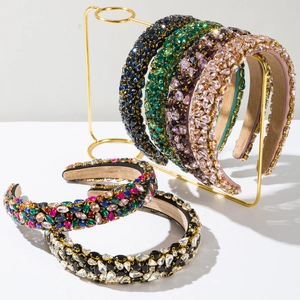 Baroque Luxurious Wide Sponge Headband Alloy Inlaid Colorful Geometric Rhinestone Hair Hoop Sparkling Crystal Party Headpiece For Women