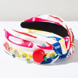 Diadema ancha de tela con rayas coloridas, dijes de manzana roja y perlas moda
