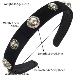 French vintage black velvet headband with pearls and metal chain weave at 45-degree angle