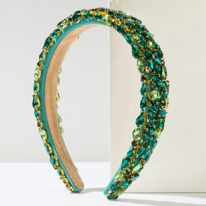 Luxurious emerald green baroque rhinestone padded headband with gold crystal embellishments