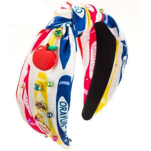 Diadema de nudo con rayas de colores, dijes de manzana roja y diamantes de imitación