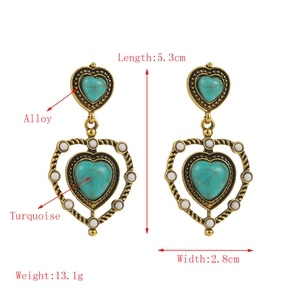 Bohemian gold alloy heart earrings with turquoise stones and beaded trim details