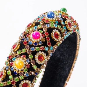 Luxury black velvet headband with colorful rhinestones and beads for a vintage royal style
