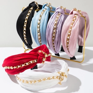 Damen Mode Stoff Geknotetes Stirnband Mit Goldener Metallkette Weißer Künstliche Perle Eleganter Breiter Haarreif Zubehör Für Damen