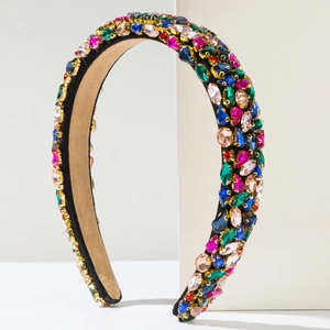 Detailed macro view showing colorful crystal rhinestones on luxury baroque headband