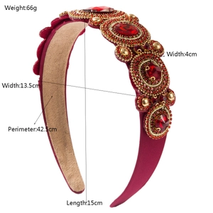 Vintage style red velvet headband with rhinestones and gems, 4cm width and 66g weight