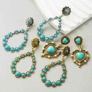 Bohemian Vintage Alloy Earrings For Women Retro Ethnic Turquoise Resin Inlaid Heart Teardrop Dangle Earrings Fashion Jewelry