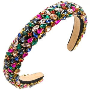 Baroque padded headband with colorful rhinestones and sparkling crystals for women