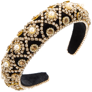 Luxurious padded rhinestone headband with white pearls and amber gems on black velvet