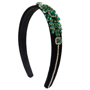 Retro velvet headband featuring emerald green flower gems and shiny crystal tassels