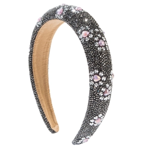 Sparkling padded headband with pink hearts and gray rhinestones for high-top styling