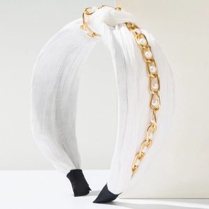 Eleganter weißer geknoteter breiter Haarreif mit Goldkette und Perlen für Damen