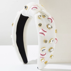 Weißer geknoteter Stoffhaarreif mit Baseball-Anhängern und funkelndem Strass-Haarschmuck