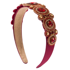 Luxurious baroque red velvet headband with vintage crystals and gold bead embroidery