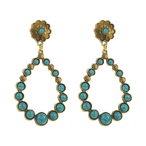 Bohemian vintage gold drop earrings with turquoise beads in a floral heart design