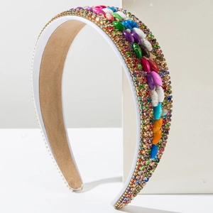 Serre-tête Large Style Ethnique Bohème pour Femmes Strass Multicolores Incrustés Perles de Turquoise Géométriques Bijoux Cheveux