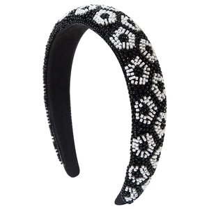 Fashionable beaded headband featuring black and white geometric patterns for women