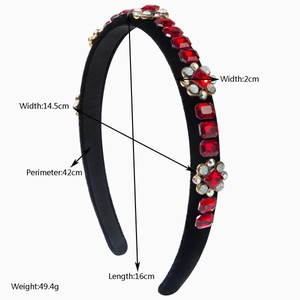 Retro velvet headband with red octagonal crystals and floral rhinestone embellishments