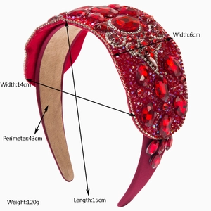 Luxury wide headband with red crystals in a vintage Baroque style with dimensions