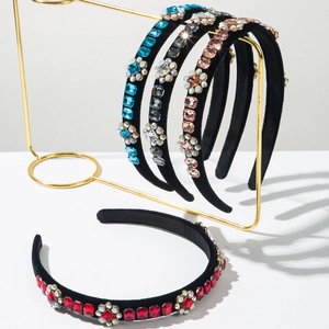 Baroque Vintage Velvet Headband For Women Elegant Floral Rhinestone Inlaid Geometric Square Glass Diamond Hair Hoop Accessories