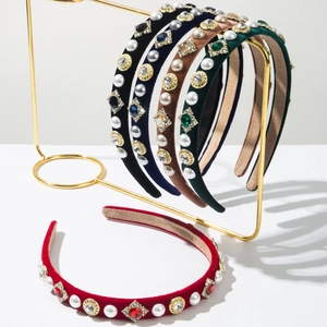 Barockes Samtstirnband mit gepolstertem Schwamm Künstliche Perlen Kristalle Vintage Haaraccessoires Damen Party Hochzeit