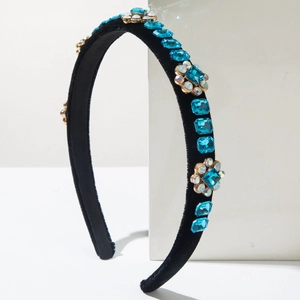 Vintage velvet headband with sea blue crystals and floral rhinestone embellishments