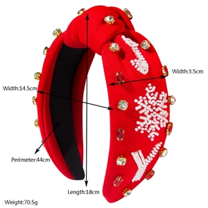 Red Christmas headband with hand-sewn bead snowflakes and sparkling rhinestones
