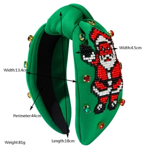 Serre-tête de Noël en tissu vert fait main avec broderie de Père Noël et strass brillants