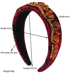 Vintage red rhinestone headband with baroque embroidery and beaded crystals for party