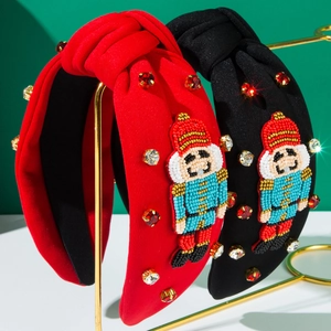 Serre-tête Large Noué Casse-Noisette en Perles de Noël Bandeau en Tissu Orné de Strass Accessoires de Fête Festive pour Femmes
