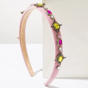 Luxury pink velvet sponge headband with colorful rhinestones and baroque gold metal details