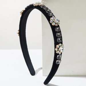 Retro black velvet headband with vintage floral crystals and square rhinestones