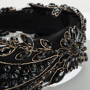 Luxurious gothic black crystal headband with vintage beaded floral rhinestones