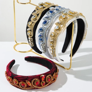 Baroque Vintage Embroidery Fabric Padded Headband For Women Luxury Glass Rhinestone Heavy Work Prom Hair Accessories