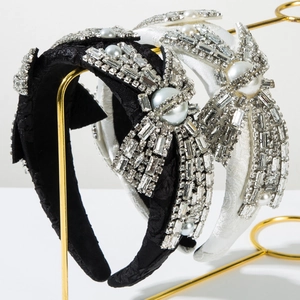 Cerchietto in Spugna di Tessuto Ricamato Barocco Con Fiocco di Strass e Künstliche Perle per Donna Accessorio per Capelli di Lusso