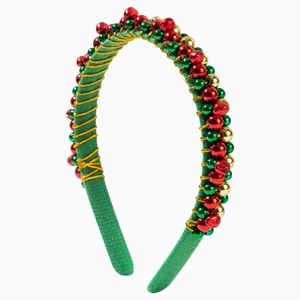 Christmas headband with red green and gold bells and gold wire on a green velvet base