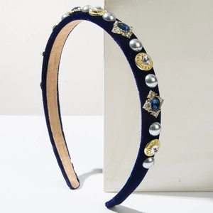 Luxuriöses Samt Stirnband in Marineblau mit blauen Strasssteinen und grauen Perlen für Damen