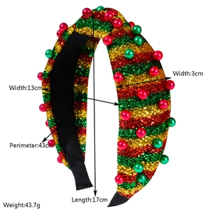 Cerchietto natalizio a righe glitterate rosso verde oro con perline eleganti