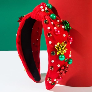 Festlicher roter Knoten-Haarreif mit grünen Perlen und glitzernden Schleifen für Weihnachten