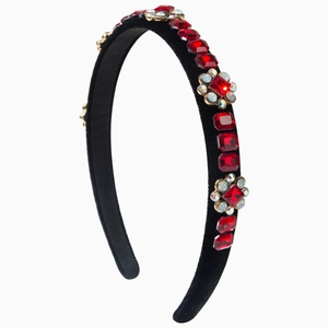 Velvet headband with ruby square crystals and gold floral rhinestone embellishments