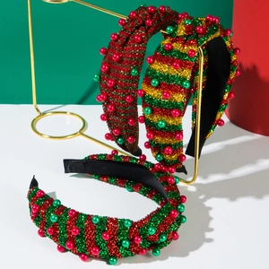 Cerchietto Natalizio Largo a Strisce Color Block con Perle Artificiali e Strass Accessori per Capelli Festivi per Donna