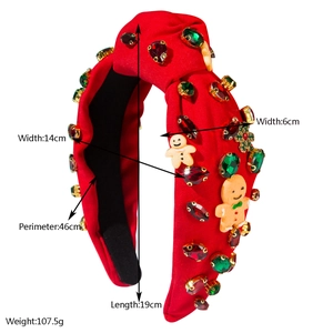 Christmas headband with red fabric, colorful rhinestones and gingerbread man ornament