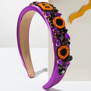 Serre-tête Halloween rembourré en satin violet avec perles BOO et pierres précieuses